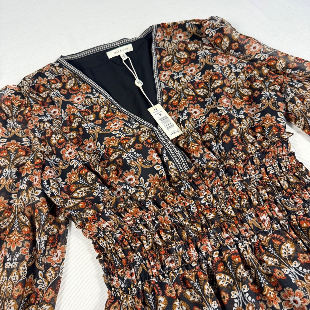 Max Studio‎ Small Long Sleeve Floral Midi Dress Boho Cottagecore Feminine Flowy